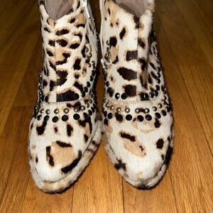 FREE PEOPLE White and Brown Animal Print Ankle Boots with Studded Detailing